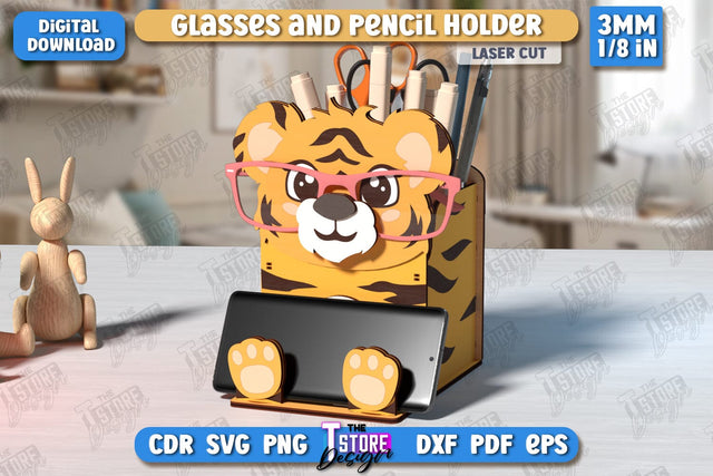 Desk Organizer Laser Cut | Tiger Design | Glasses and Pencil Holder | CNC File SVG The T Store Design 