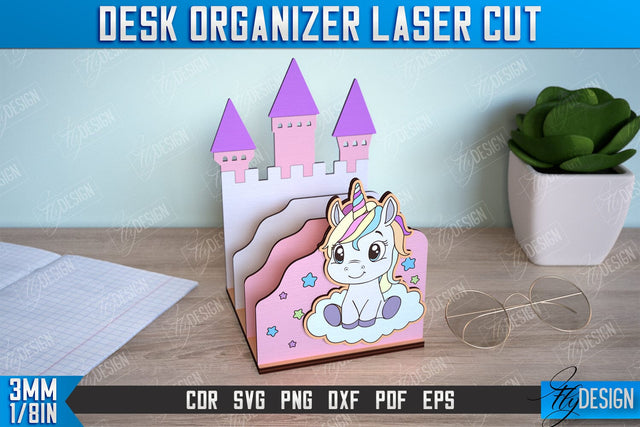 Desk Organizer | Unicorn Design | Supplies Organizer | Notepad Holders | CNC File SVG Fly Design 