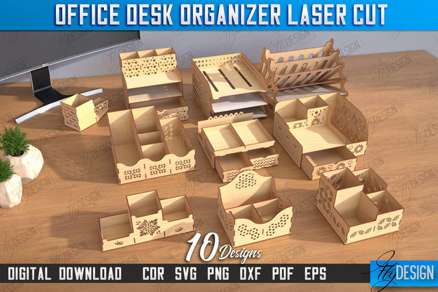 Desktop Office Organizer Bundle | Paper Tray Laser Cut | Office Design | Work File Holder | CNC Files SVG Fly Design 