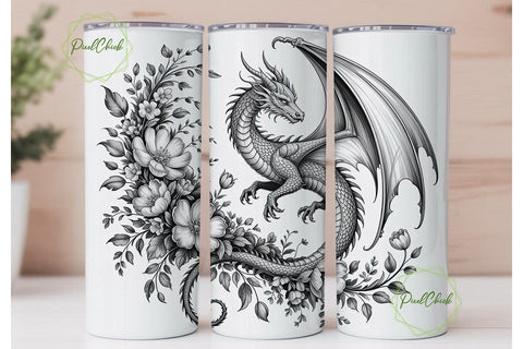 Detailed Dragon Floral Art 20oz Tumbler Sublimation PixelChick 