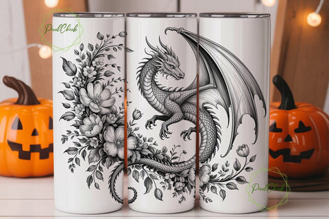 Detailed Dragon Floral Art 20oz Tumbler Sublimation PixelChick 