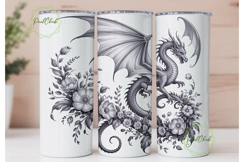 Detailed Dragon Floral Art 20oz Tumbler Sublimation PixelChick 