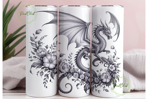 Detailed Dragon Floral Art 20oz Tumbler Sublimation PixelChick 