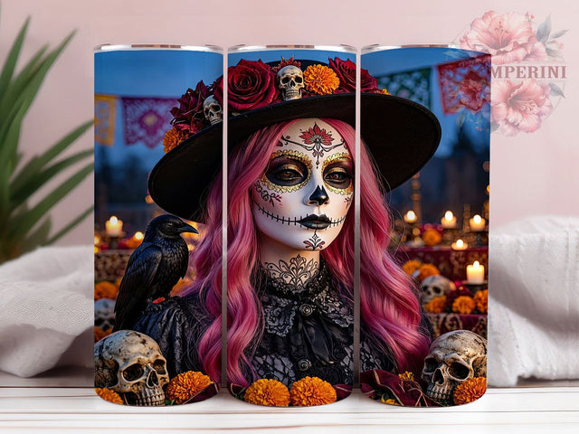 Dia De Los Muertos Gothic 20oz Tumbler, Dia De Los Muertos, Gothic Halloween, 20oz Wrap, Sugar Skull, Dark Spooky, Sublimation Tumbler, Festive Pattern Sublimation Li Zamperini 