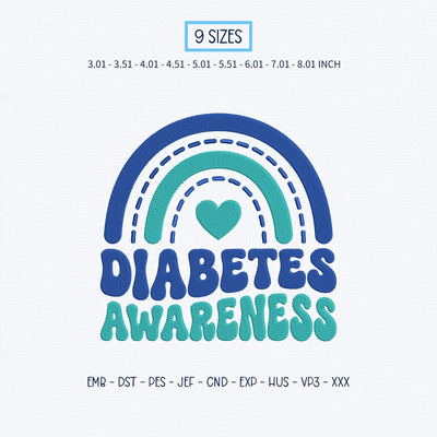 Diabetes Awareness Embroidery Design – Blue Teal Rainbow Heart Diabetes Support Machine Embroidery File Embroidery/Applique DESIGNS PatternFeed8 