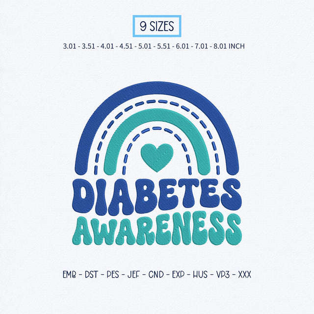 Diabetes Awareness Embroidery Design – Blue Teal Rainbow Heart Diabetes Support Machine Embroidery File Embroidery/Applique DESIGNS PatternFeed8 