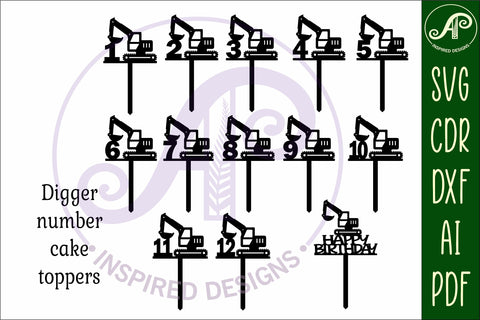 Digger number cake toppers, 13 designs SVG laser cut SVG APInspireddesigns 