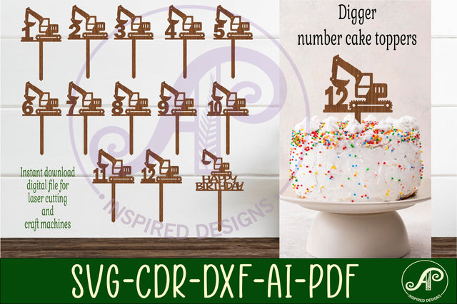 Digger number cake toppers, 13 designs SVG laser cut SVG APInspireddesigns 