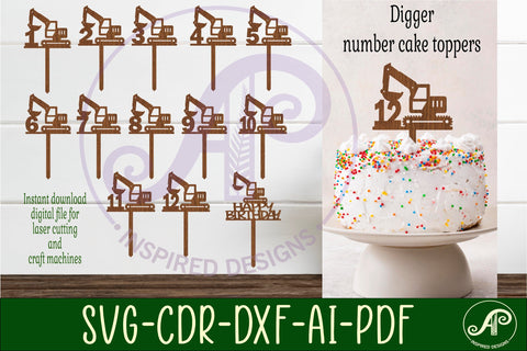Digger number cake toppers, 13 designs SVG laser cut SVG APInspireddesigns 