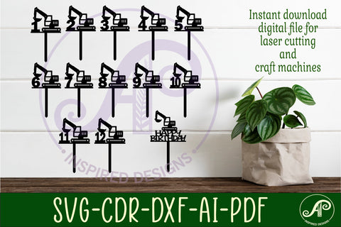 Digger number cake toppers, 13 designs SVG laser cut SVG APInspireddesigns 