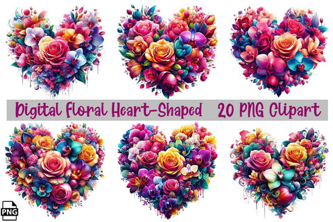 Digital Floral Heart-Shaped PNG Clipart Bundle Printable File Sublimation Creativedesigntee 