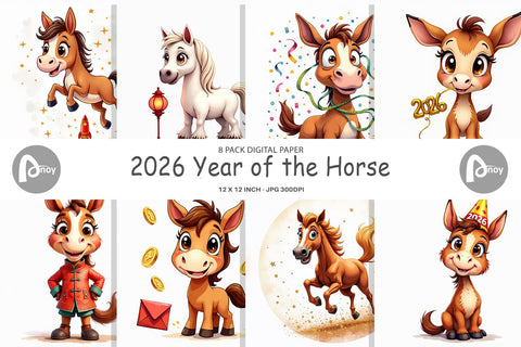 Digital Paper 2026 Year of the Horse Watercolor Digital Pattern artnoy 