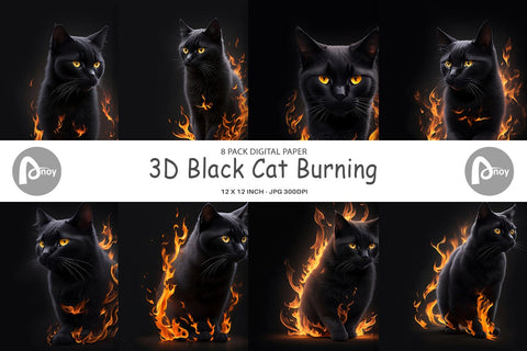 Digital Paper 3D Black Cat Burning Digital Pattern artnoy 