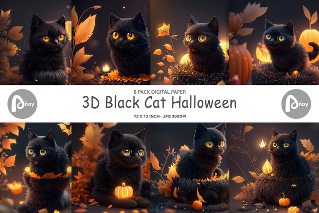 Digital Paper 3D Black Cat Halloween Digital Pattern artnoy 