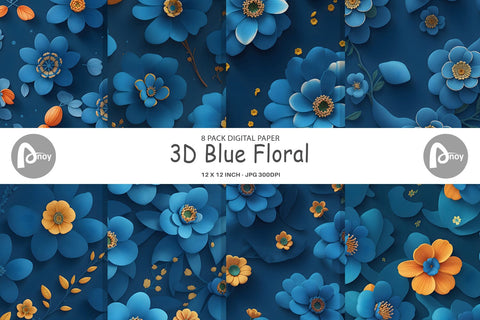 Digital Paper 3D Blue Floral Digital Pattern artnoy 