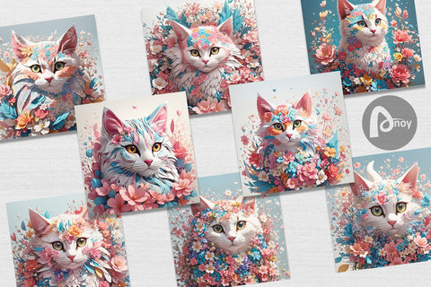 Digital Paper 3D Cat with Flower Fantasy Digital Pattern artnoy 