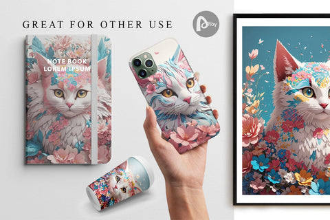 Digital Paper 3D Cat with Flower Fantasy Digital Pattern artnoy 