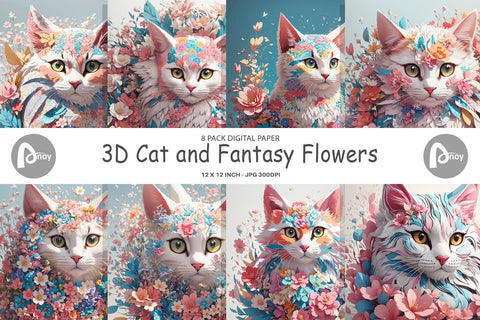 Digital Paper 3D Cat with Flower Fantasy Digital Pattern artnoy 
