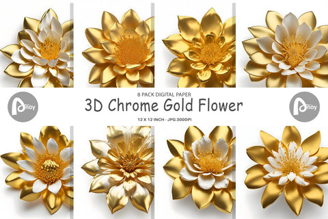 Digital Paper 3D Chrome Gold Flower Digital Pattern artnoy 