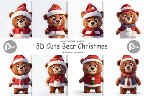 Digital Paper 3D Cute Bear Christmas Digital Pattern artnoy 