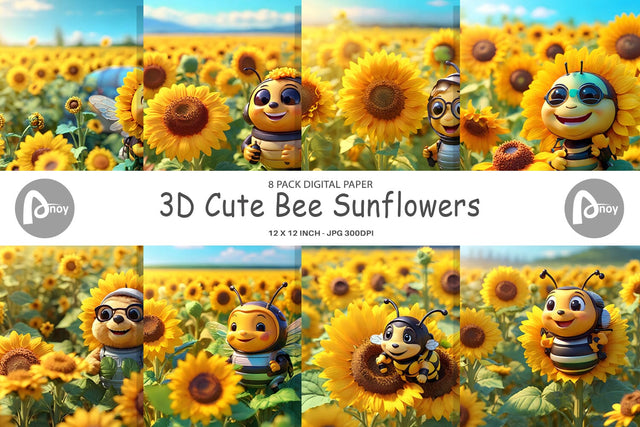 Digital Paper 3D Cute Bee Sunflowers Digital Pattern artnoy 