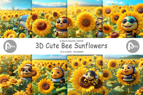 Digital Paper 3D Cute Bee Sunflowers Digital Pattern artnoy 