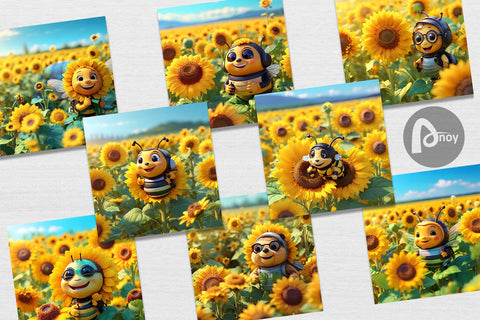Digital Paper 3D Cute Bee Sunflowers Digital Pattern artnoy 