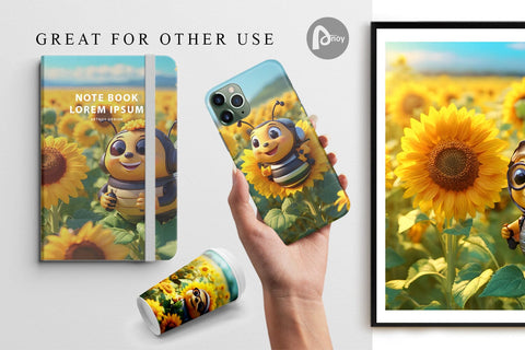Digital Paper 3D Cute Bee Sunflowers Digital Pattern artnoy 