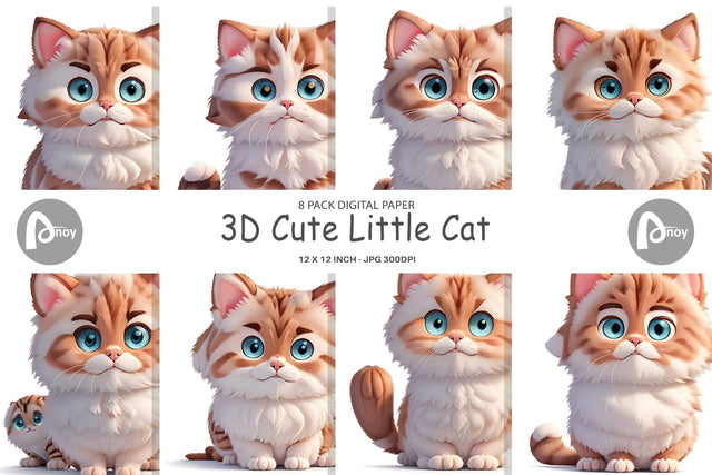 Digital Paper 3D Cute Little Cat Digital Pattern artnoy 