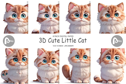 Digital Paper 3D Cute Little Cat Digital Pattern artnoy 
