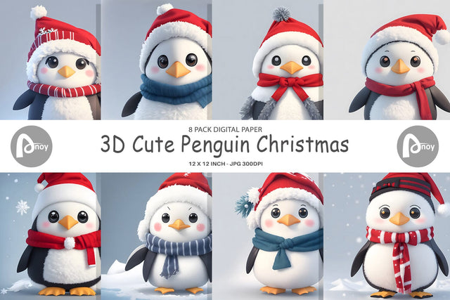 Digital Paper 3D Cute Penguin Christmas Digital Pattern artnoy 