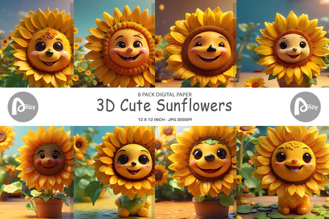 Digital Paper 3D Cute Sunflowers Digital Pattern artnoy 