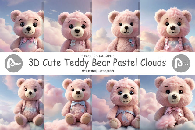 Digital Paper 3D Cute Teddy Bear Pastel Digital Pattern artnoy 