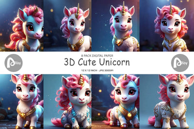 Digital Paper 3D Cute Unicorn Digital Pattern artnoy 