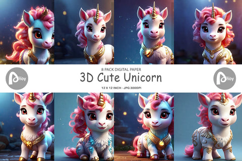 Digital Paper 3D Cute Unicorn Digital Pattern artnoy 