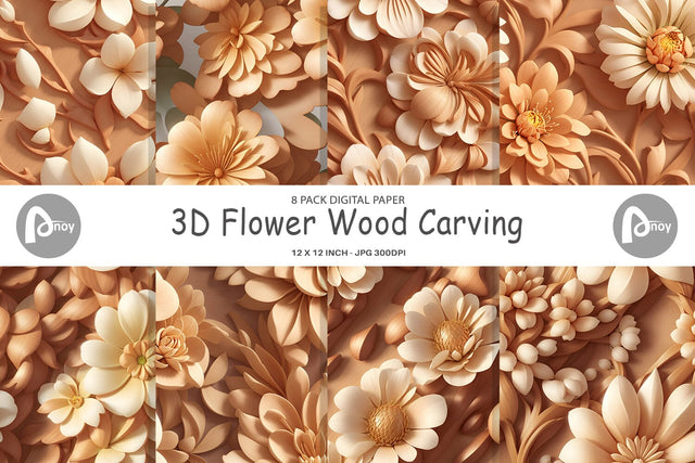 Digital Paper 3D Flower Wood Carving Digital Pattern artnoy 