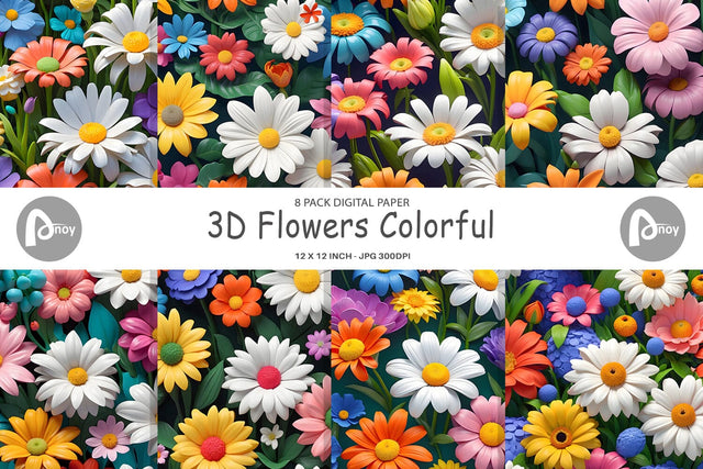 Digital Paper 3D Flowers Colorful Digital Pattern artnoy 