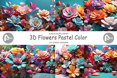 Digital Paper 3D Flowers Pastel Color Digital Pattern artnoy 