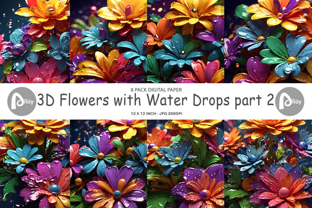 Digital Paper 3D Flowers with Waterdrop Sublimation artnoy 