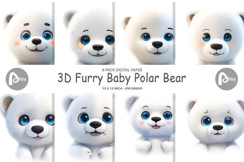 Digital Paper 3D Furry Baby Polar Bear Digital Pattern artnoy 