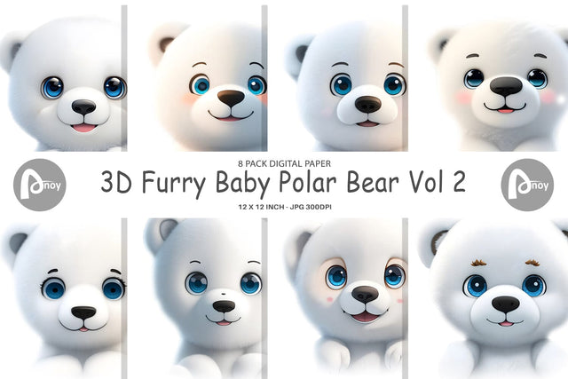 Digital Paper 3D Furry Baby Polar Bear Digital Pattern artnoy 