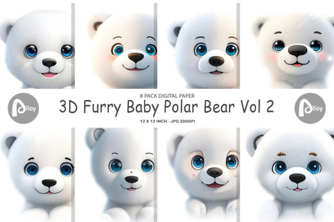 Digital Paper 3D Furry Baby Polar Bear Digital Pattern artnoy 