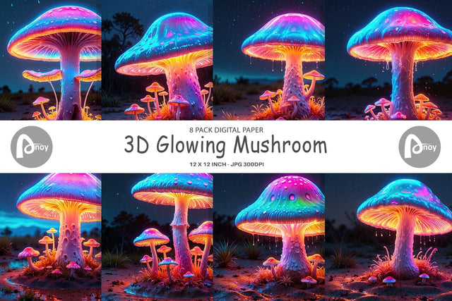 Digital Paper 3D Glowing Mushroom Digital Pattern artnoy 