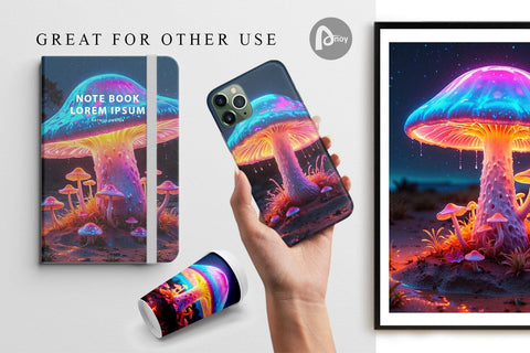Digital Paper 3D Glowing Mushroom Digital Pattern artnoy 