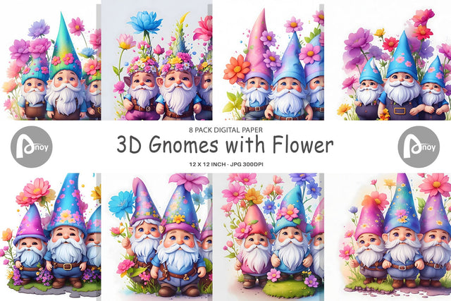 Digital Paper 3D Gnomes with Flower Digital Pattern artnoy 