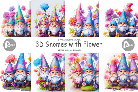 Digital Paper 3D Gnomes with Flower Digital Pattern artnoy 