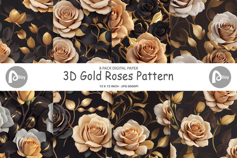 Digital Paper 3D Gold Roses Pattern Digital Pattern artnoy 