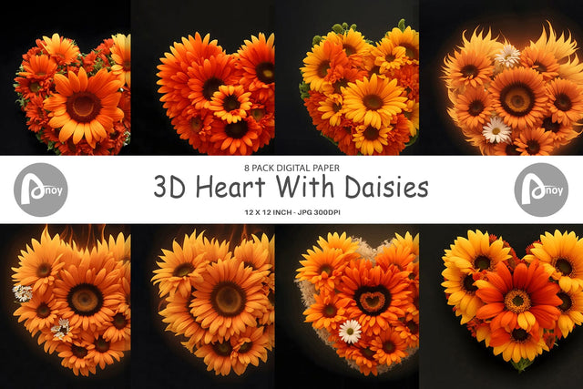 Digital Paper 3D Heart With Daisies Digital Pattern artnoy 