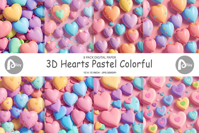 Digital Paper 3D Hearts Pastel Colorful Sublimation artnoy 