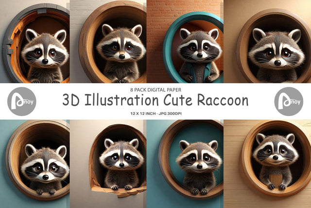 Digital Paper 3D Illustration Raccoon Digital Pattern artnoy 